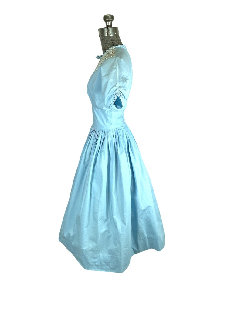 1950s 60s blue cotton pleated dress with lace bib bodice Size S image 4