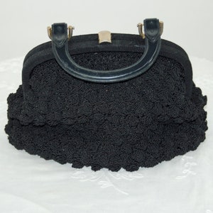1950s black crocheted handbag by Ritter framed purse plastic faux buckled handle image 7