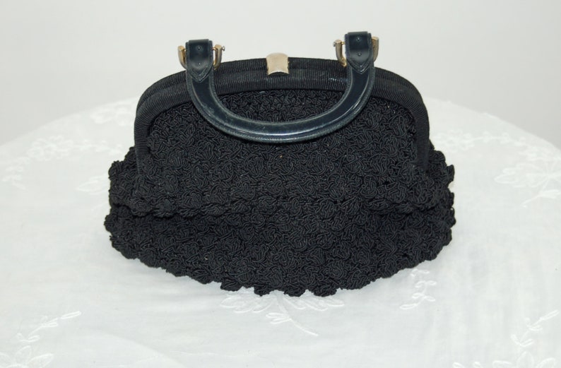 1950s black crocheted handbag by Ritter framed purse plastic faux buckled handle image 7