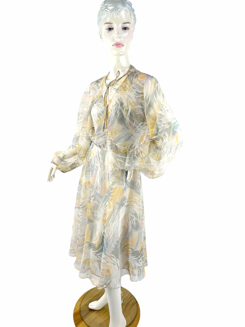 1970s chiffon dress in large scale floral print with balloon sleeved jacket by Rona Size L image 2