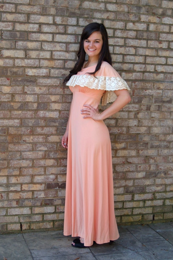 1960s maxi dress, off shoulder ruffle, peach cream