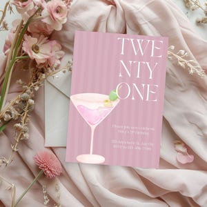 Invitación de cumpleaños número veintiún, invitación de Pink Martini para el 21.º cumpleaños, imprimible para una divertida noche de chicas, tarjeta digital para fiesta, cumpleaños número 21