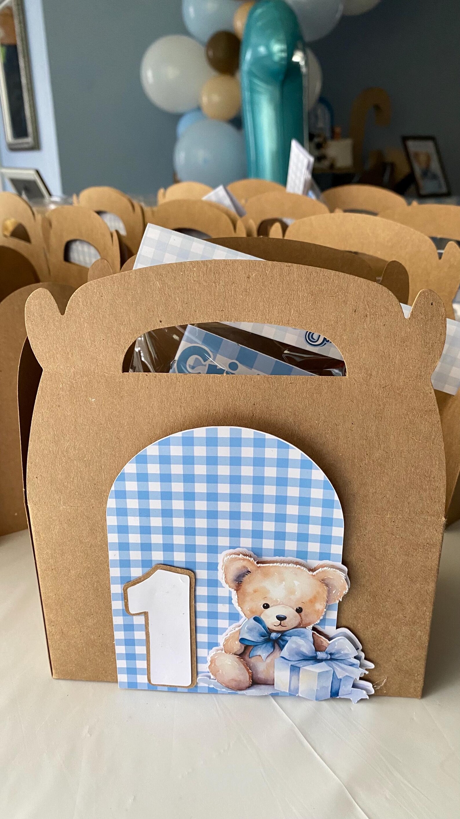 Teddy Bear & Blue Gingham Gable Box - Party Favor Box for Baby Showers ...