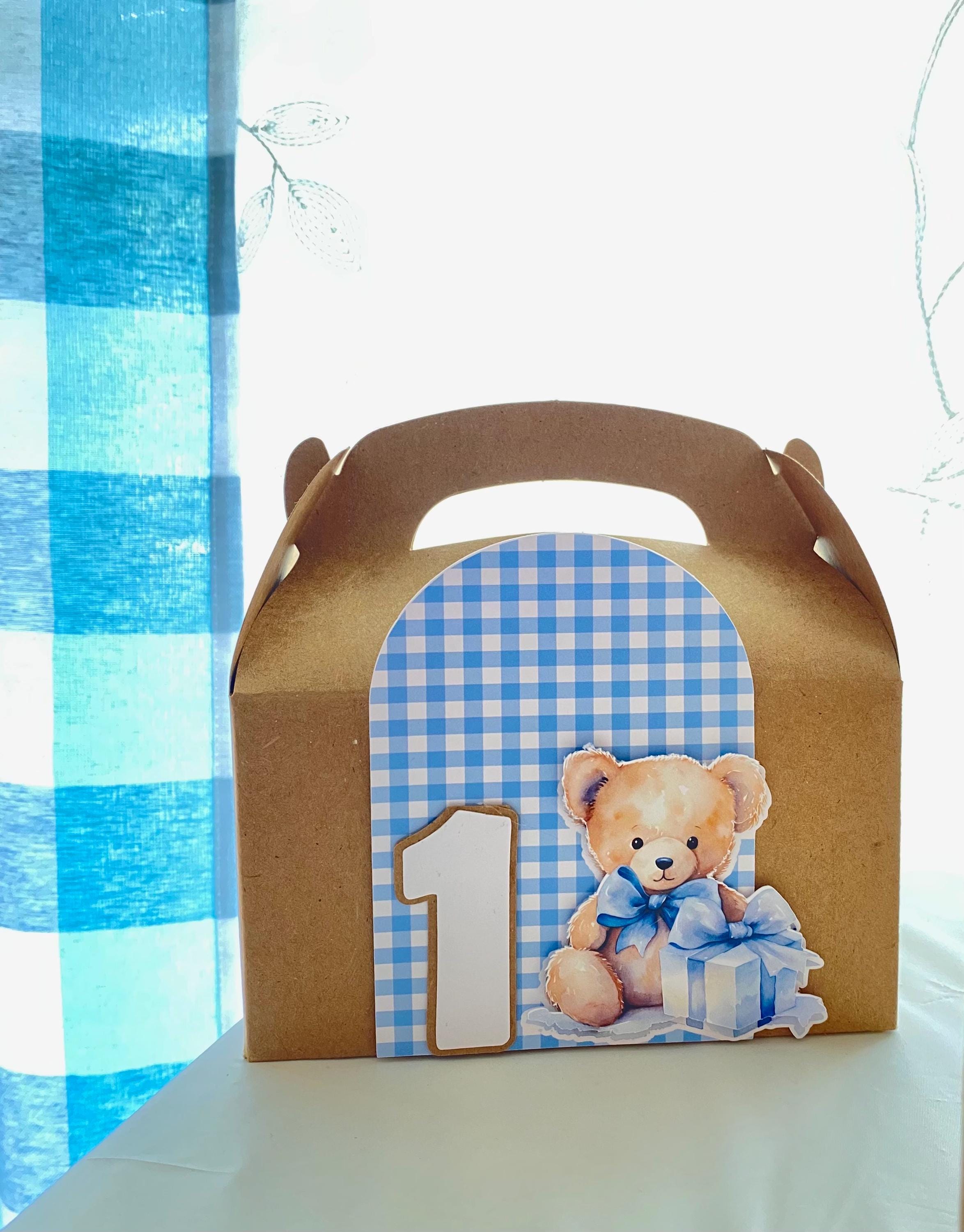 Teddy Bear & Blue Gingham Gable Box - Party Favor Box for Baby Showers ...