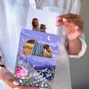 Cartão postal com moldura para fotos de amantes de cães – Cartão de memória em formato de coração para animais de estimação – Presente "Um cachorro é amor" para mães e pais de cães