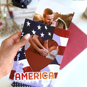 "Patratisches Herz Fotorahmen Postkarte - ""Amerika"" Karte mit Flagge & Freiheitsstatue - 100x150 Geschenk für den 4