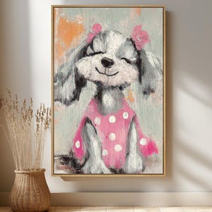 Smiling Cartoon Dog in Pink Dress | Cute Animal Art for Nursery or Kids Room