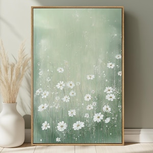 Daisy Field Canvas Print | Fresh Meadow Charm | Soft Green Tones for a Calm, Nature-Inspired Space
