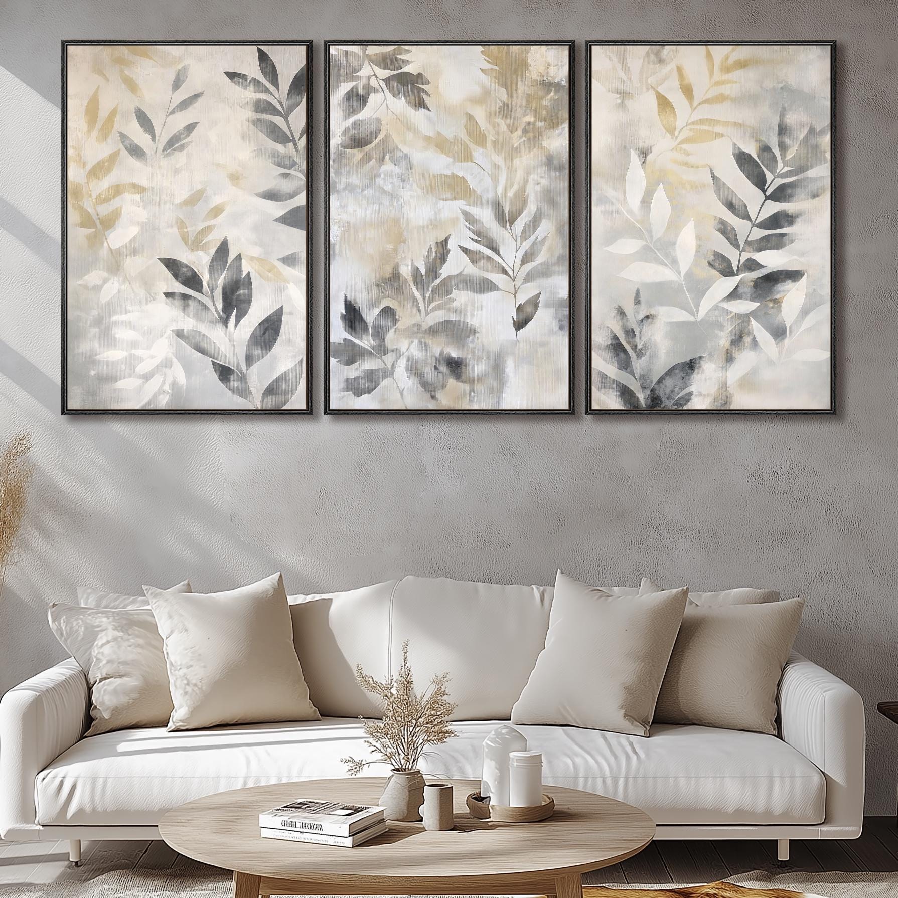 Neutral Botanical Triptych Wall Art | Modern Beige & Gray Leaf Canvas ...