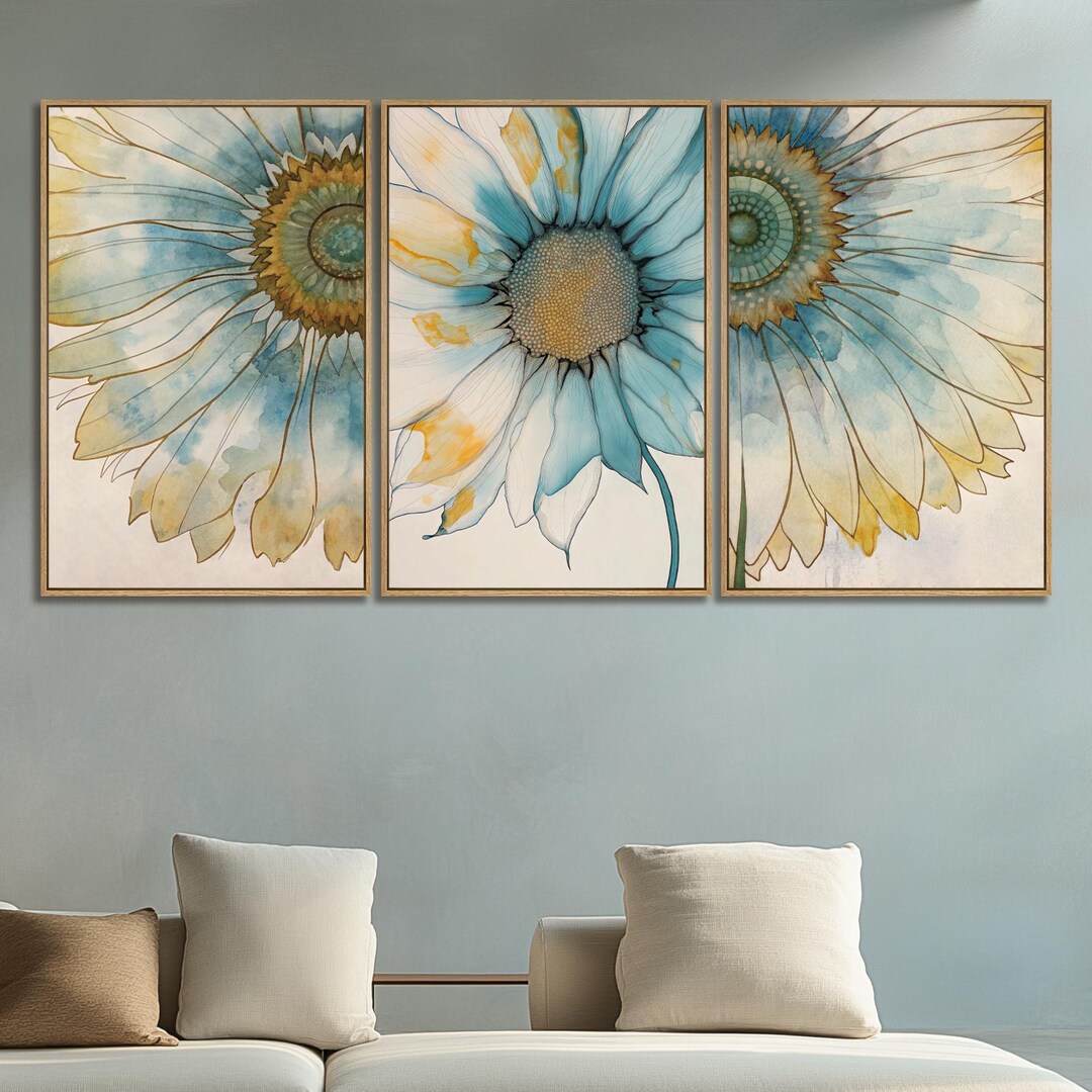 Blue & Gold Floral Wall Art | Modern Watercolor Sunflower Triptych - Etsy