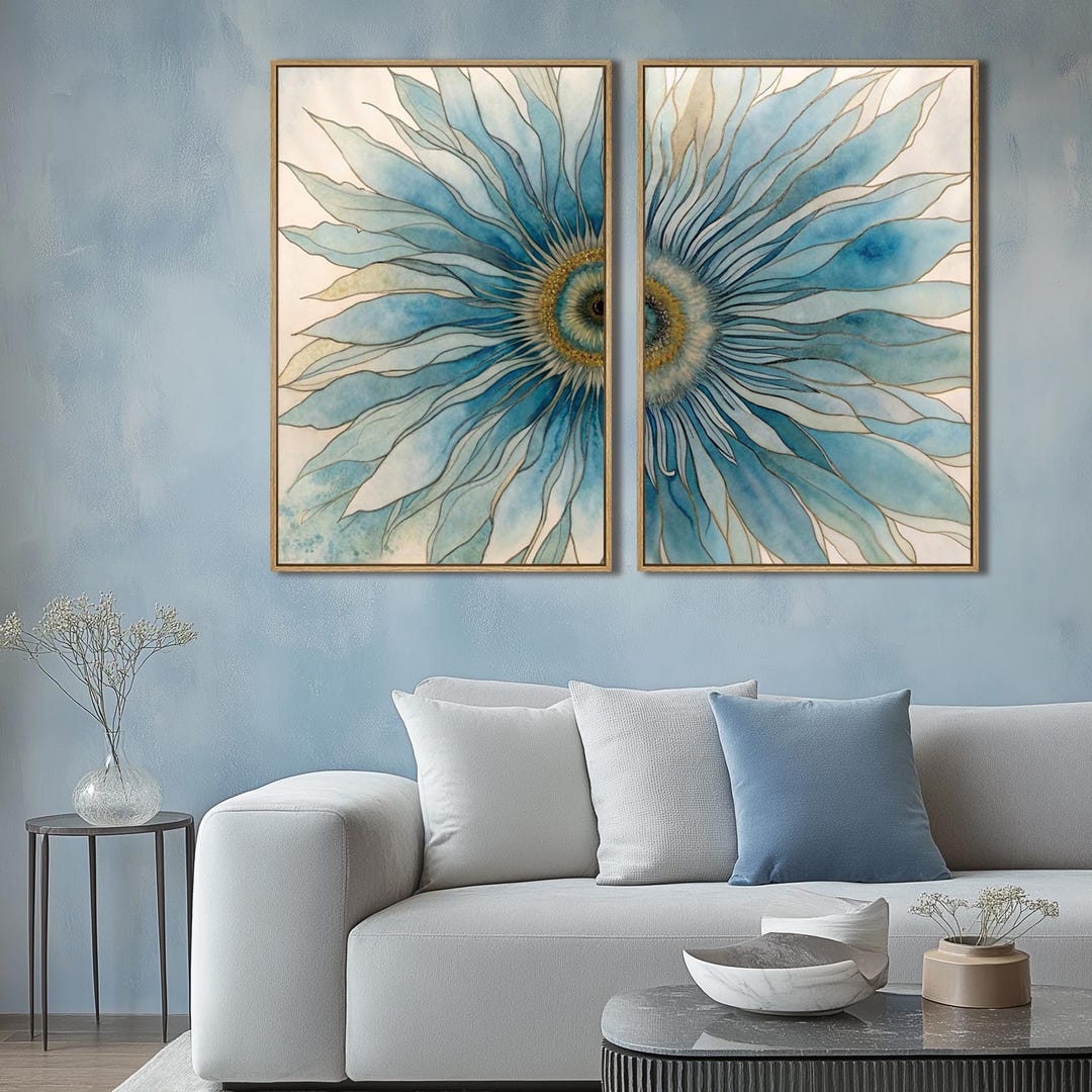 Blue Floral Abstract Wall Art | Modern Split Canvas Flower Painting - Etsy