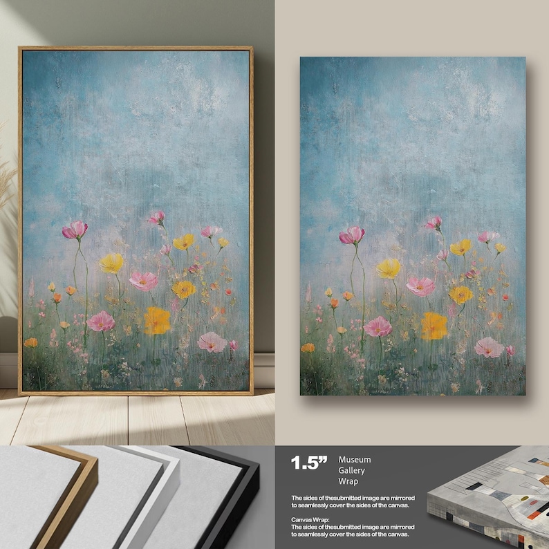 K&ouml;nnte beinhalten: Ein Leinwanddruck eines Aquarellgem&auml;ldes mit einem Feld aus rosa und gelben Blumen vor einem blauen Himmel. Der Druck ist in einem 1,5 Zoll gro&szlig;en Museum-Galerie-Rahmen erh&auml;ltlich, bei dem das Bild gespiegelt wird, um die Seiten der Leinwand nahtlos zu bedecken.