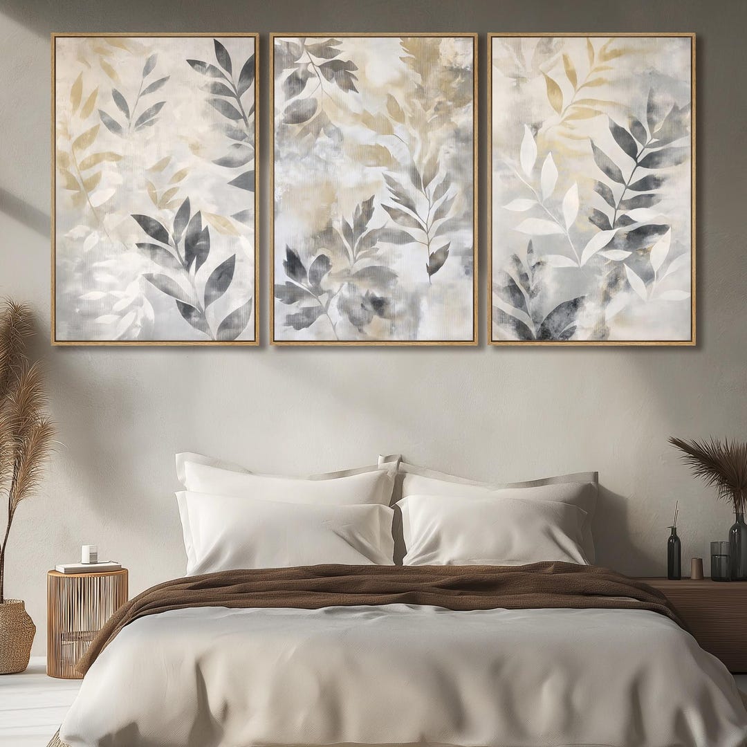 Neutral Botanical Triptych Wall Art | Modern Beige & Gray Leaf Canvas ...