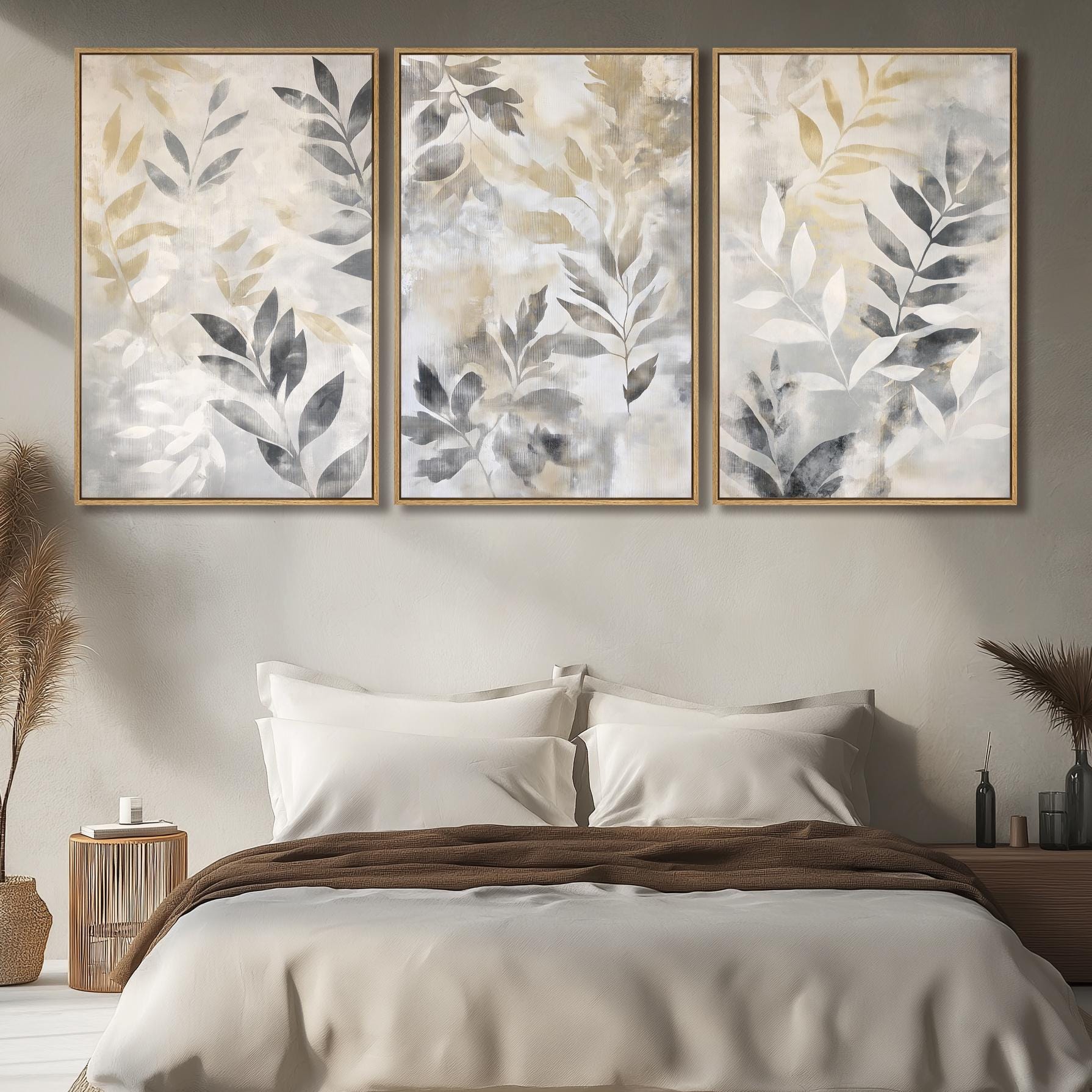 Neutral Botanical Triptych Wall Art | Modern Beige & Gray Leaf Canvas ...