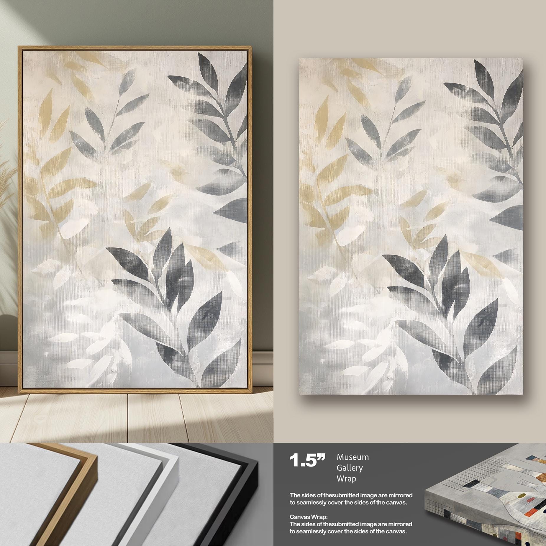 Neutral Botanical Triptych Wall Art | Modern Beige & Gray Leaf Canvas ...