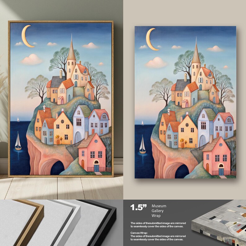 May include: A framed canvas print featuring a whimsical village scene. The artwork depicts colorful houses atop a cliff, with a crescent moon and sailboats in the background. The frame is a warm, natural wood tone.