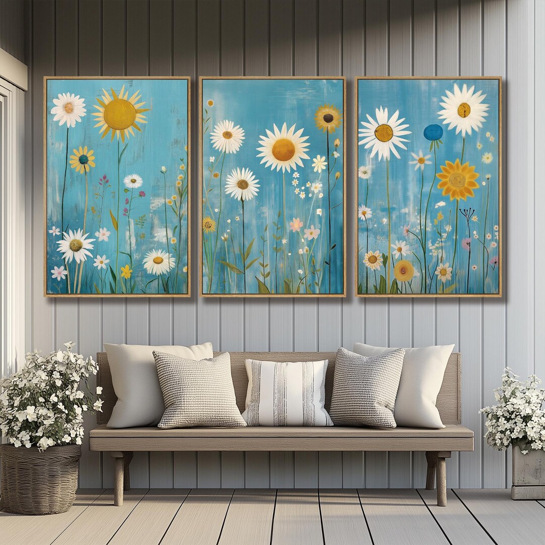 Bright Wildflower Meadow Wall Art | Blue & White Daisy Floral Set of 3 ...