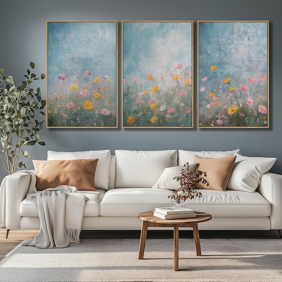 Floral Meadow Triptych | Romantic Wildflower Art with Soft Blue Background | Serene Nature-Inspired Wall Decor for Elegant Interiors