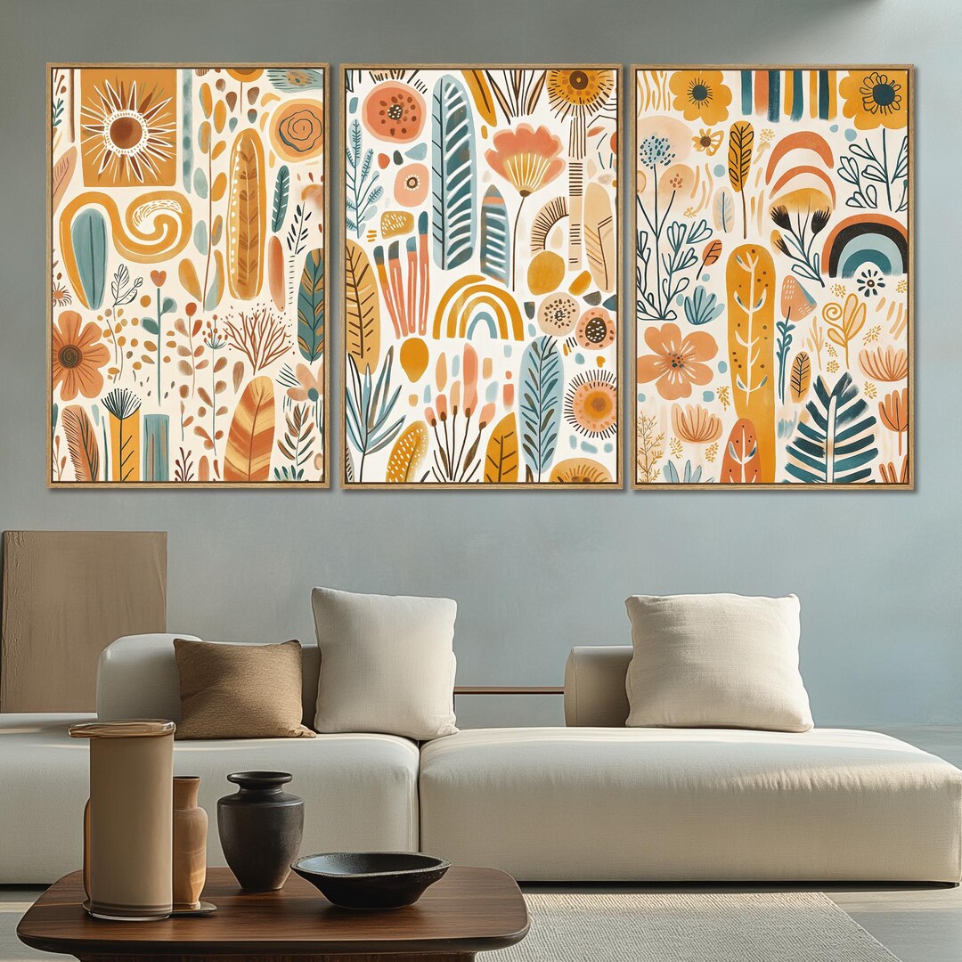 Boho Botanical Wall Art Set | Colorful Abstract Floral Prints in Earthy ...