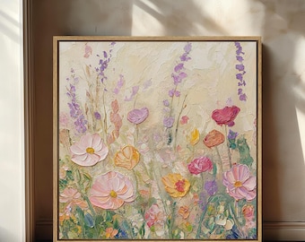 May include: Square framed floral painting featuring a textured impasto style. The artwork showcases a field of colorful flowers in shades of pink, yellow, and purple, set against a light beige background. The frame is a light brown color.