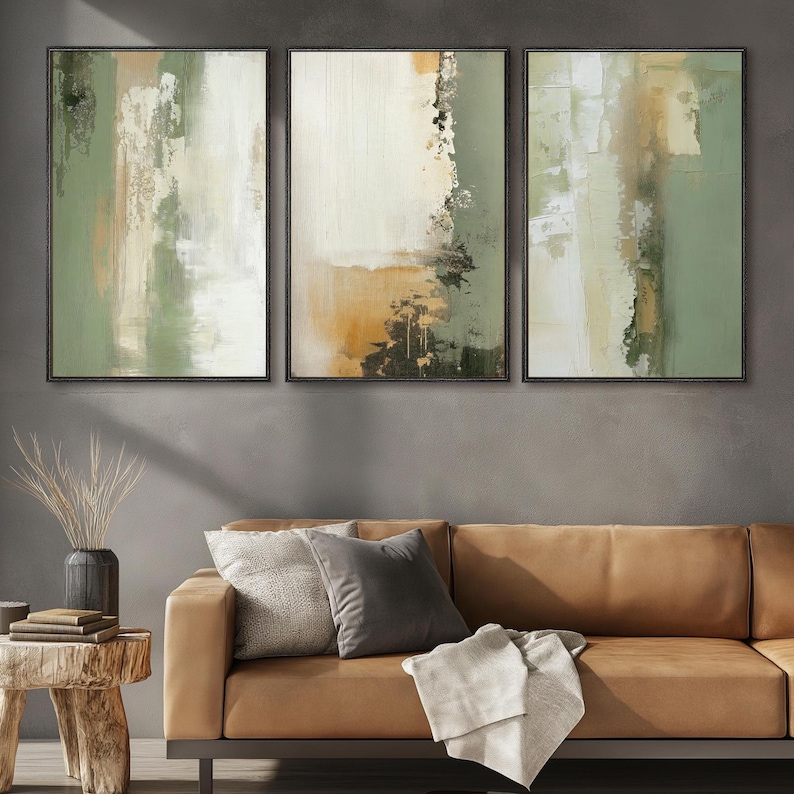 Sage Green Abstract Wall Art Set of 3 | Neutral Modern Minimalist ...