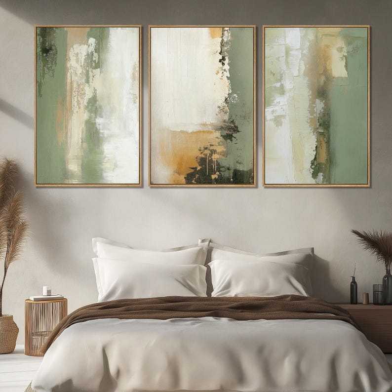 Sage Green Abstract Wall Art Set of 3 | Neutral Modern Minimalist ...