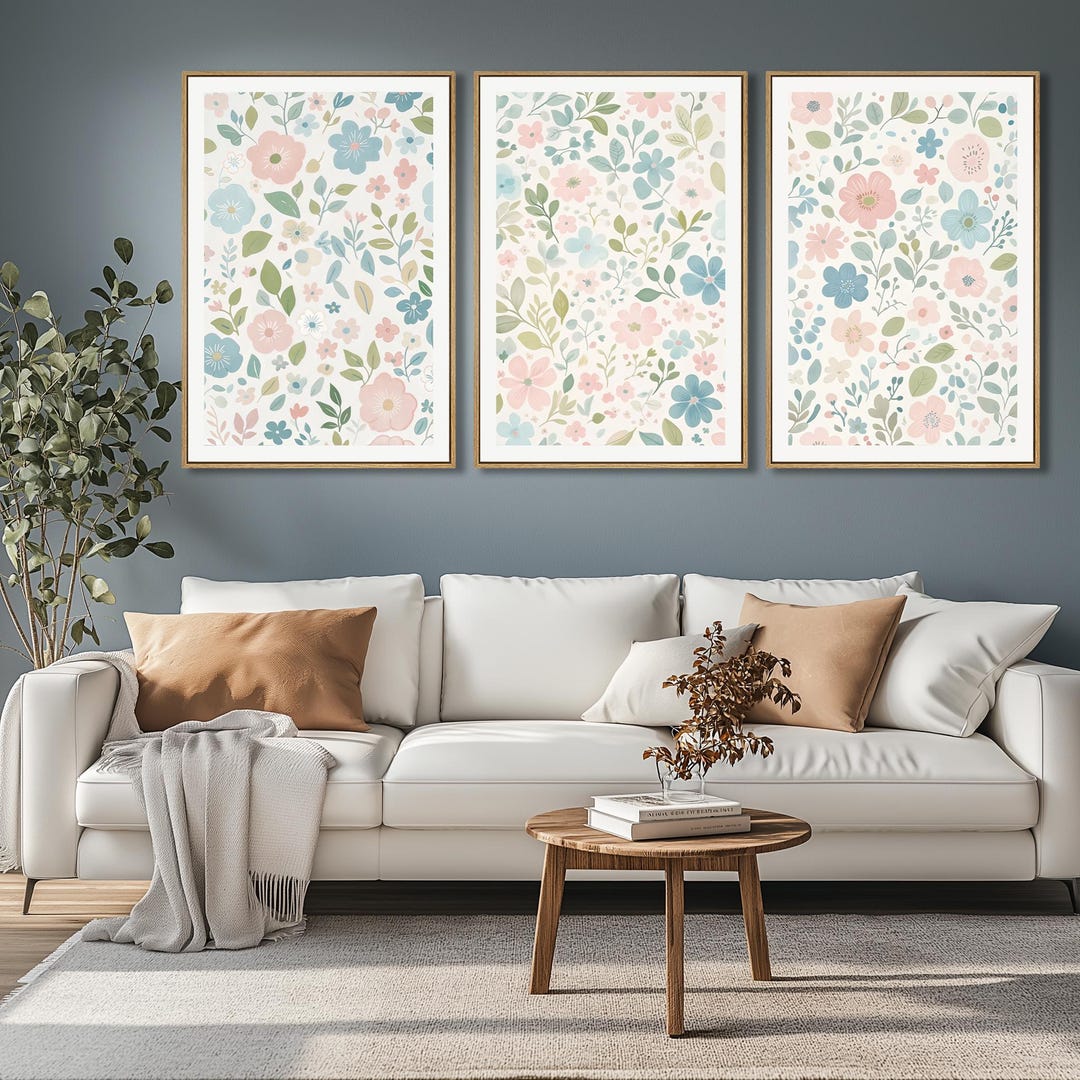 Pastel Floral Triptych | Soft Botanical Wall Art in Pink, Blue & Green ...