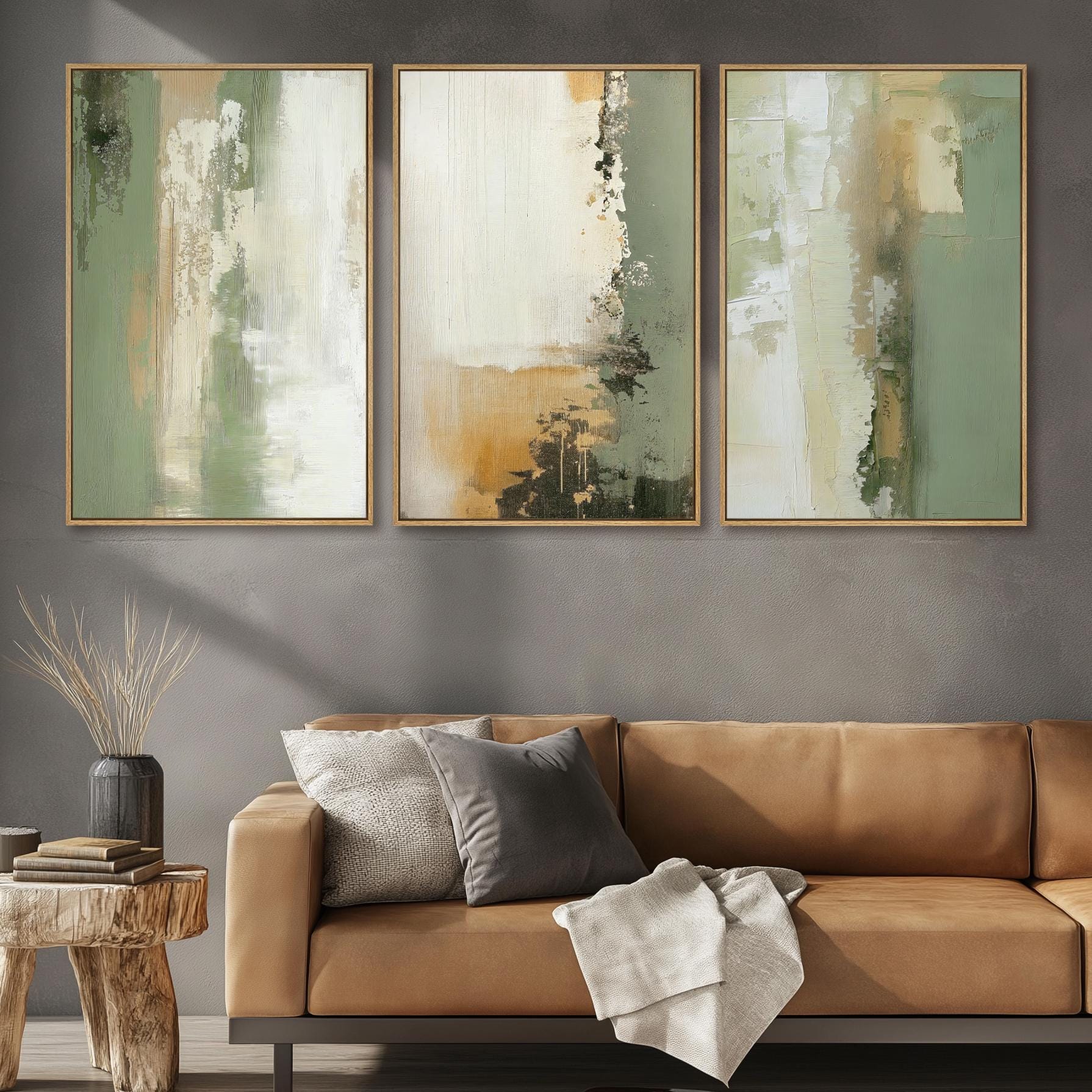 Sage Green Abstract Wall Art Set of 3 | Neutral Modern Minimalist ...