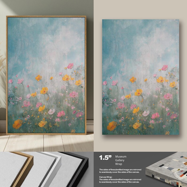 K&ouml;nnte beinhalten: Ein Leinwanddruck eines Aquarells mit einem Feld aus rosa und gelben Blumen vor einem blauen und wei&szlig;en Himmel. Der Druck ist in einem 1,5 Zoll gro&szlig;en Museumsgalerie-Rahmen erh&auml;ltlich.