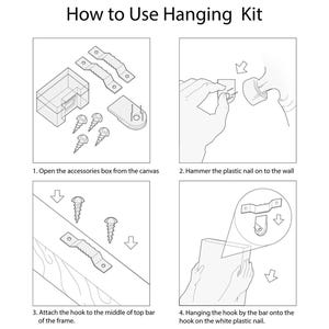May include: Diagram illustrating the steps to use a hanging kit. The image shows the accessories box, screws, hooks, and nails. Instructions include opening the box, hammering the nail, attaching the hook, and hanging the frame.