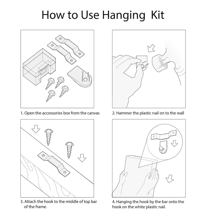 May include: Diagram illustrating the steps to use a hanging kit. The image shows the accessories box, screws, hooks, and nails. Instructions include opening the box, hammering the nail, attaching the hook, and hanging the frame.