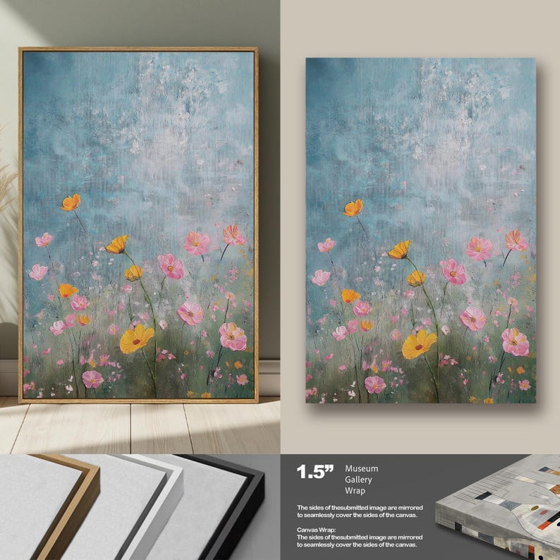 K&ouml;nnte beinhalten: Ein Leinwanddruck eines Aquarellgem&auml;ldes mit einem Feld aus rosa und gelben Blumen vor einem blauen und wei&szlig;en Hintergrund. Der Druck ist in einem 1,5 Zoll gro&szlig;en Museumsgalerie-Rahmen erh&auml;ltlich.