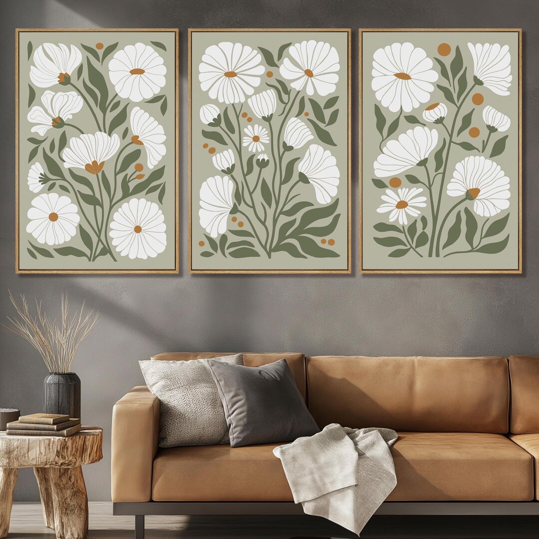 Minimalist Floral Wall Art Set | Modern Daisy Botanical Print Triptych ...