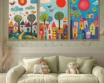 Children's Illustration | Whimsical Abstract Canvas Art for Living Room | Nursery | Creative Spaces | Triptych Canvas