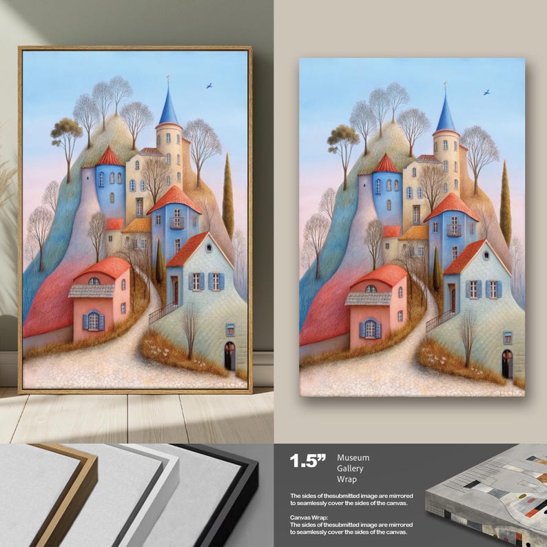 May include: A framed canvas print featuring a whimsical village scene. The artwork depicts colorful buildings with red, blue, and pink roofs nestled on a hillside, with a winding road leading through the village. The sky is a soft blue, and the canvas is framed in a light brown wood.