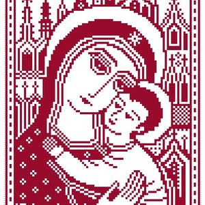 Puede incluir: Una imagen pixelada roja y blanca de una madre y un niño. La madre lleva una túnica roja y tiene un halo. El niño está en sus brazos. La imagen está rodeada por un marco rojo con un borde blanco.