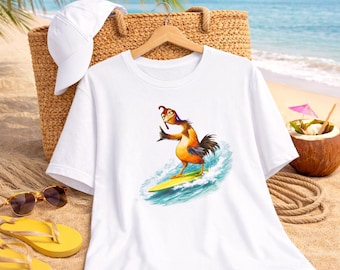 Surfing Chicken Joe T-Shirt | Chicken Surfer Illustration, Beach Wave Tee