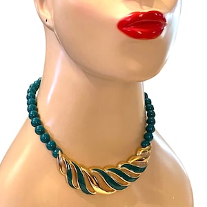 Vintage Monet Abstract Teal Blue Green Enamel With Teal Bead Necklace Q14