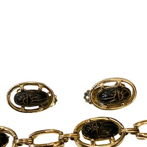 Vintage 1950s Scarab Cabochon Link Bracelet by Tara Bracelet & Clip Earrings AR35