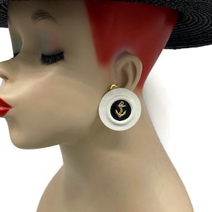 Vintage Black and White Enamel Oversized Button Nautical Anchor Sailing Clip Earrings JJ14