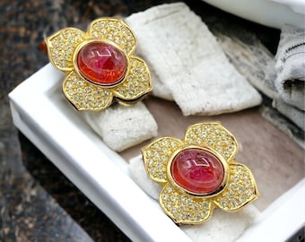Vintage CHRISTIAN DIOR Gold Plated Pave Crystal Red Gripoix Glass Cabochon Quatrefoil Flower Clip EARRINGS AB19