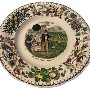 Antique Creil Polychrome French Faience Plate Montereau Lebeuf & Thibault La Planteur Havanne 8.5”