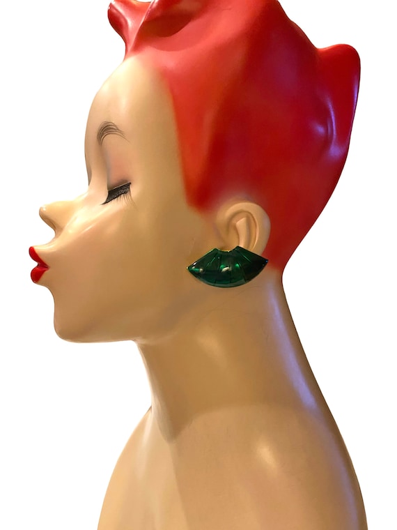 Vintage Fan Shaped Green Enamel Clip Earrings FF32 - image 1