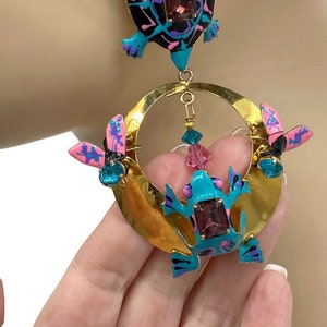 Vintage Chunky 1986 Lunch at the Ritz Enamel and Crystal Frog Turtle Tortoise Hoop Dangle Clip Earrings BR24