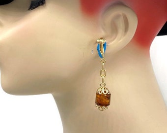 VTG Dangling Tortoiseshell Root Beer Barrel Clip Earrings PP31