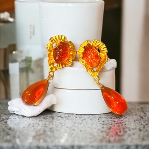 Vintage Dangle Translucent Orange Chunky Jelly Molded Lucite Dangle Clip Earrings VV23
