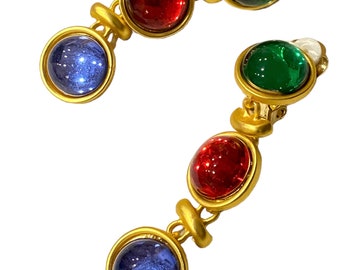 Vintage The Trinity Mogul Jewel Blue Red Green acrylic Round Lucite Cabochon Dangle Clip Earrings AO1