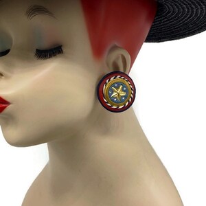 Vintage Artisan Fimo Clay Chunky Red White Navy Blue Gold Star Oversized Button Patriotic Clip Earrings 1980s N1