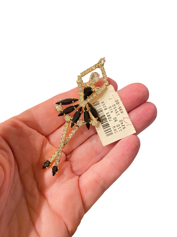 Vintage 1980s Ballerina Black & Clear Crystal Glass Rhinestone Brooch Pin New with Neiman Marcus Tag HHH24 View 3