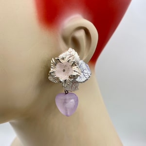 Vtg Lucite Purple Lavender Flower Heart Dangle Clip Earrings Wedding Prom Party Bride